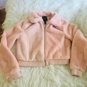 Forever 21 F21 Pink Teddy Faux Fur Bomber Jacket